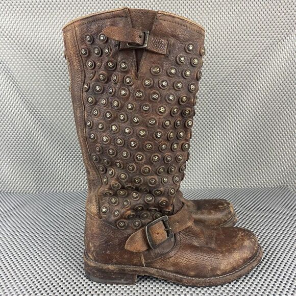 Frye Tall Jenna Disc Boots Womens Size 5.5 B Brown Leather Distressed Studded